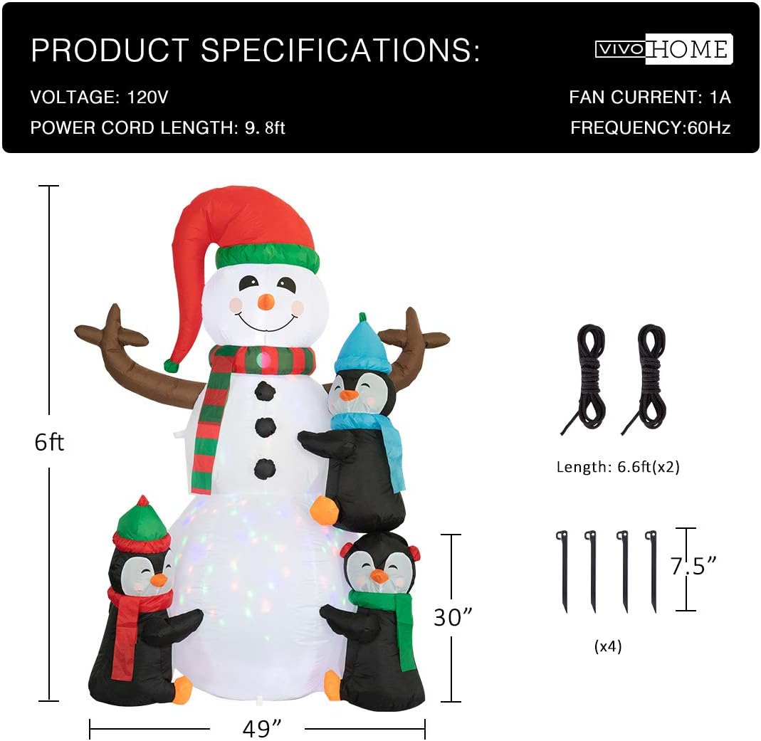 VIVOHOME 6FT Christmas Inflatable Outdoor Decoration, Snowman with Penguin, Navidad Blow Up Yard Decor with Built-in LED Light for Lawn, Garden, Party
