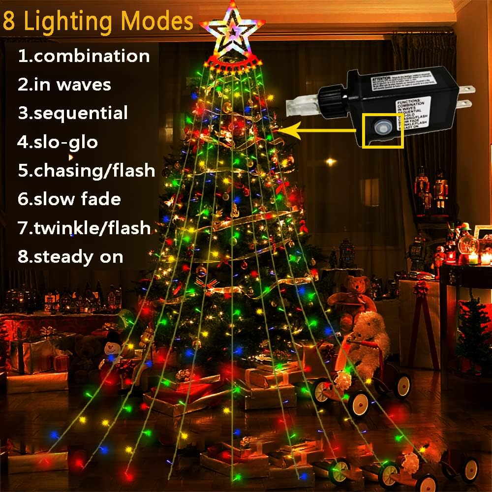Aokudoni Outdoor Christmas Decorations: 12.6ft 350LED Waterfall Lights 8 Modes Christmas Lights, Xmas Tree House Yard Porch Patio Garden Decor, Multicolor