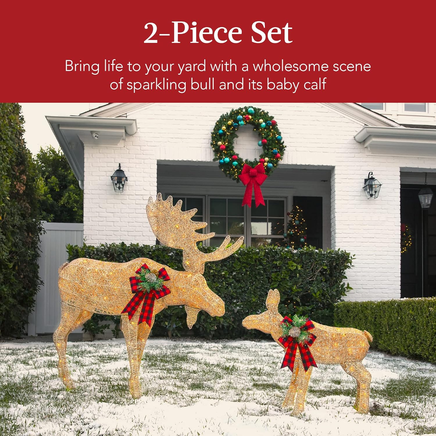Best Choice Products 2-Piece Moose Family, Lighted Outdoor All-Weather Christmas Yard Decoration Light-Up Décor Set w/ 170 LED Lights, Ground Stakes, Zip Ties - Gold