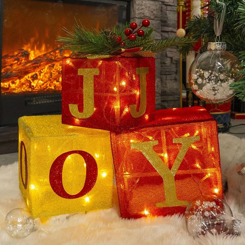 Hourleey Set of 3 Christmas Lighted Gift Boxes, Pre-lit 60 LED Light Up Present Boxes Ornament Outdoor Warm White Tinsel Boxes Decoration for Indoor Christmas Home Yard Lawn Decor