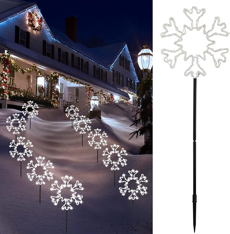 Brightown Snowflake Lights Outdoor, 10 Large Snowflake Christmas Pathway Lights Outdoor Christmas Decorations Yard Sidewalk Walkway Driveway Marker Stake, Cool White