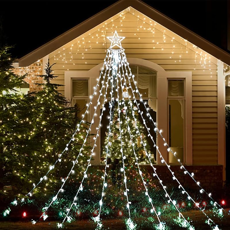 Aokudoni Outdoor Christmas Decorations: 12.6ft 350LED Waterfall Lights 8 Modes Christmas Lights, Xmas Tree House Yard Porch Patio Garden Decor, Multicolor