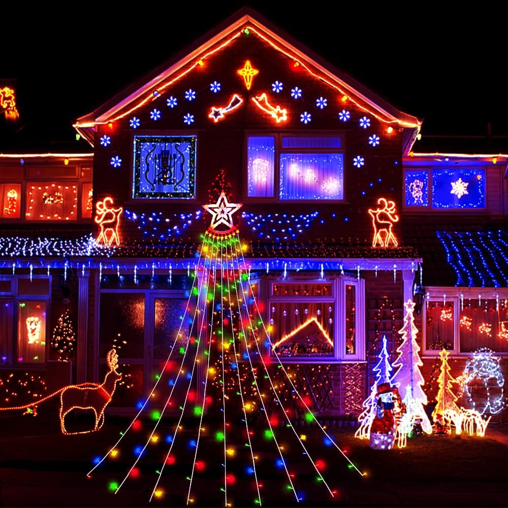 Aokudoni Outdoor Christmas Decorations: 12.6ft 350LED Waterfall Lights 8 Modes Christmas Lights, Xmas Tree House Yard Porch Patio Garden Decor, Multicolor