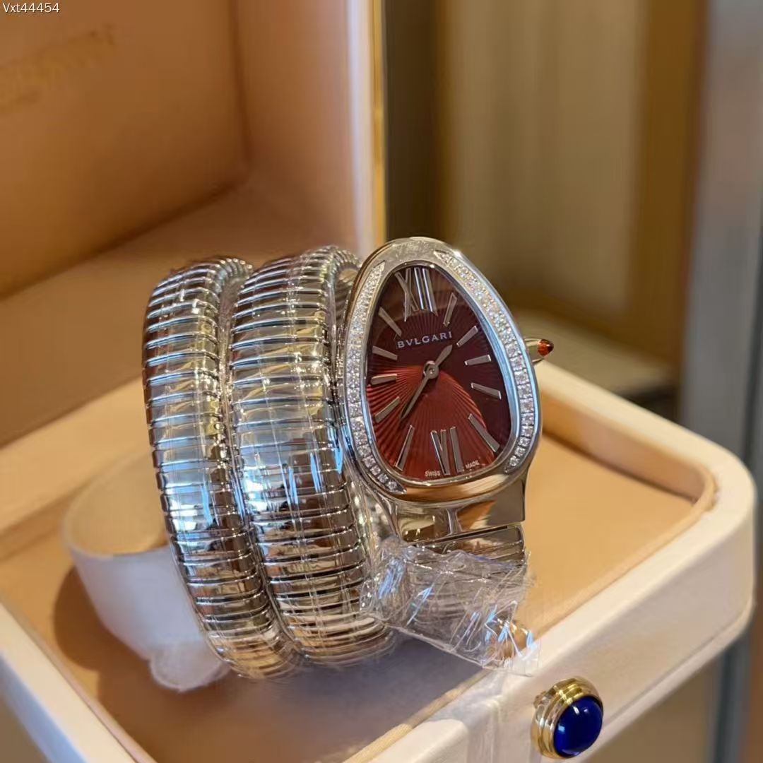 STAINLESS STEEL SERPENTI TUBOGAS 35MM RED DIAL DIAMOND LADIES WATCH