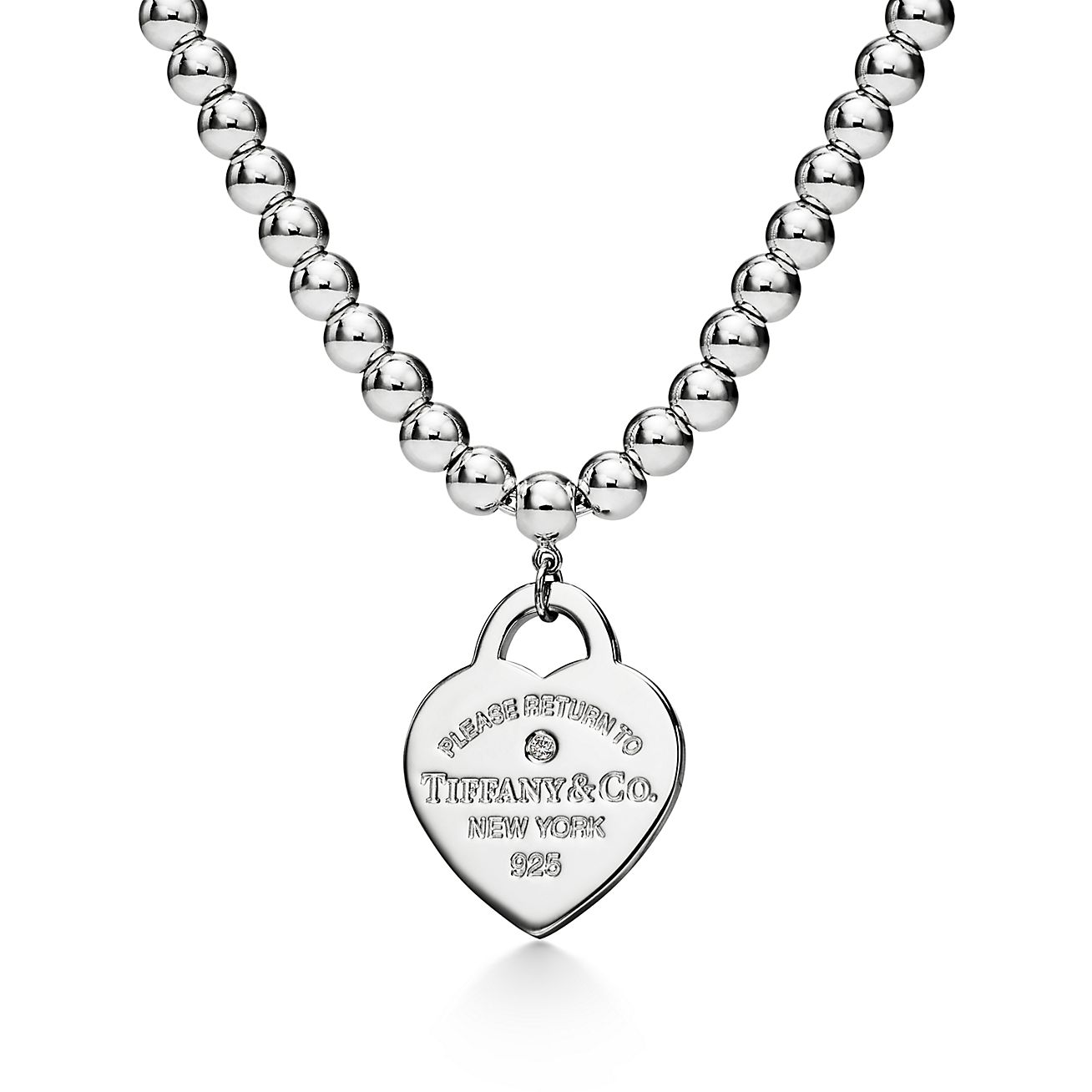 Tiffany & Co. Return to  Heart Tag Bead Necklace in Silver with a Diamond, Small