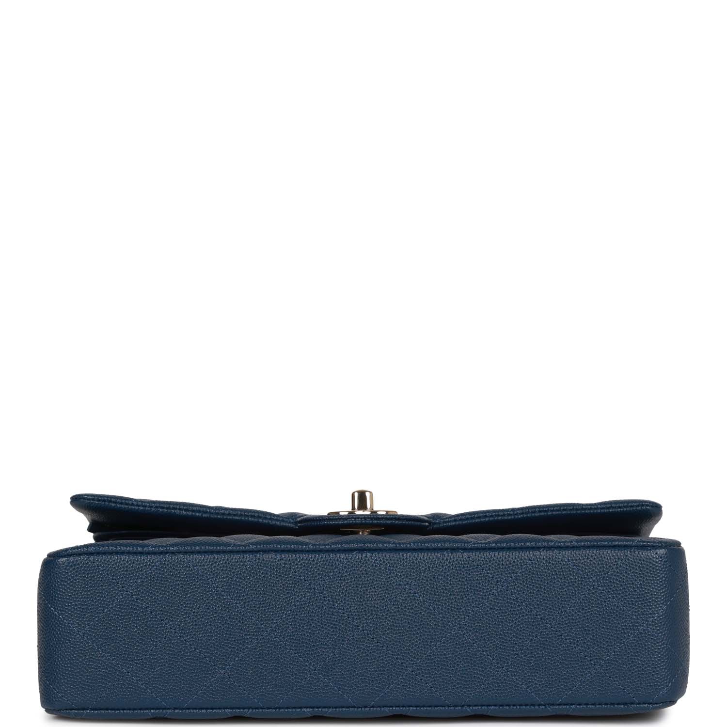 Medium Classic Double Flap Bag Blue Caviar Light Gold Hardware