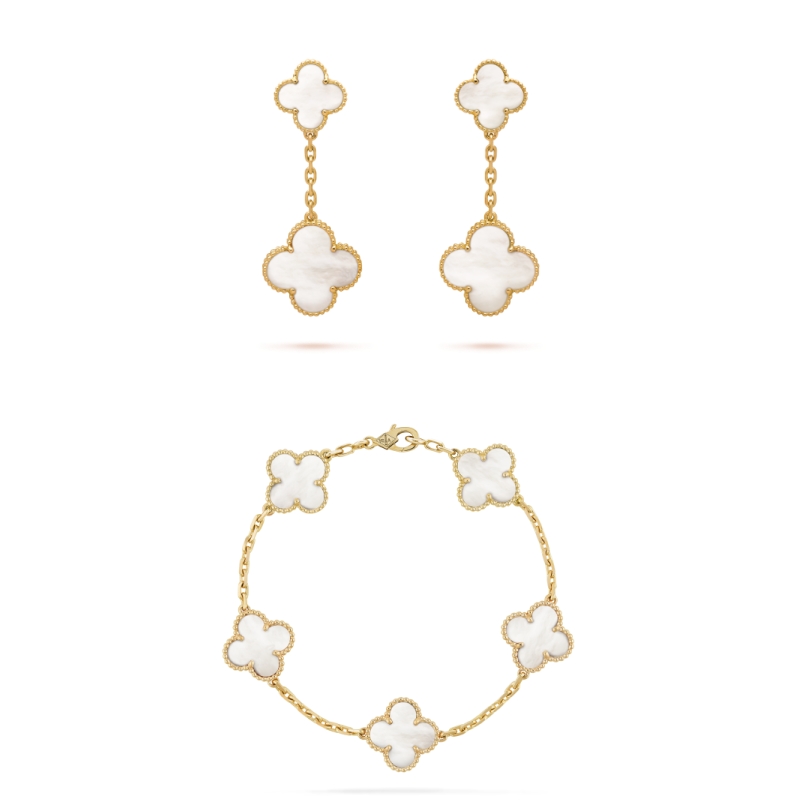 Vintage Alhambra Set: Earrings and Bracelet - White