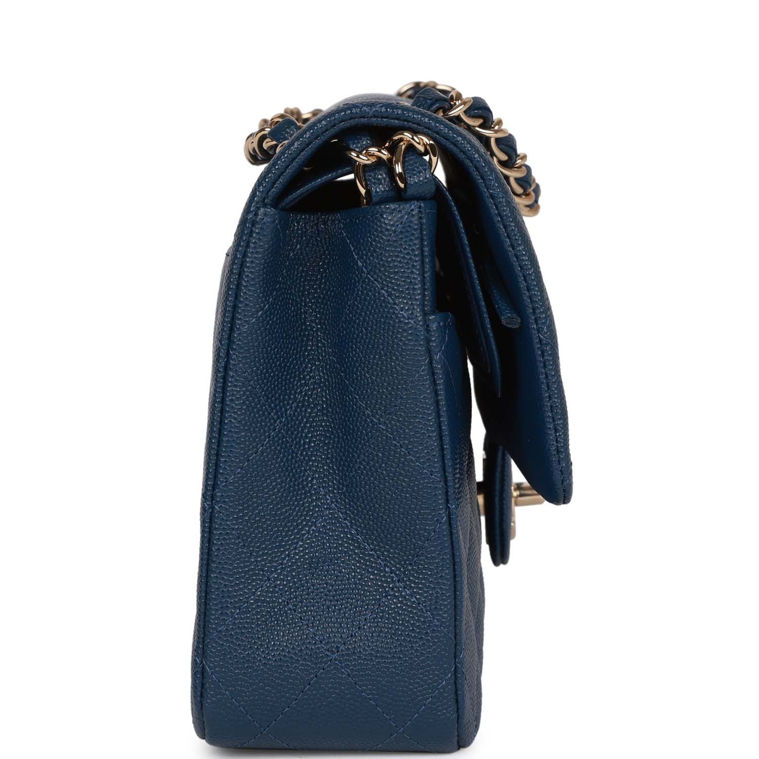 Medium Classic Double Flap Bag Blue Caviar Light Gold Hardware