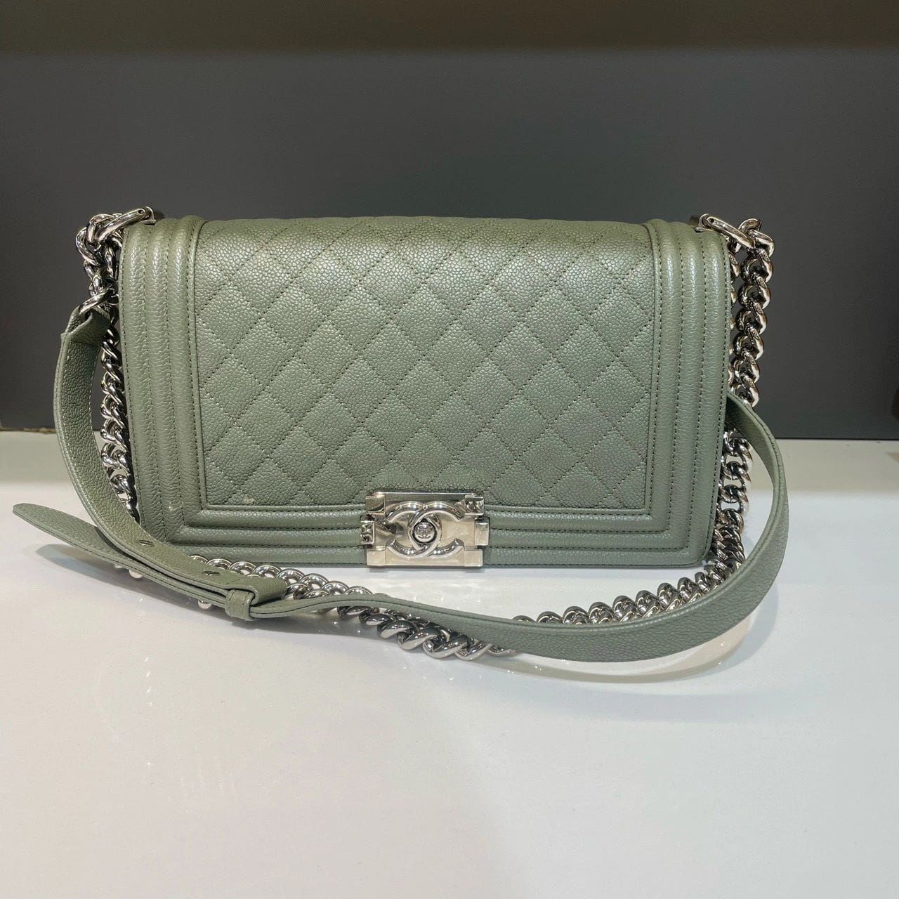 CHANEL MEDIUM BOY BAG CAVIAR LIGHT GREEN