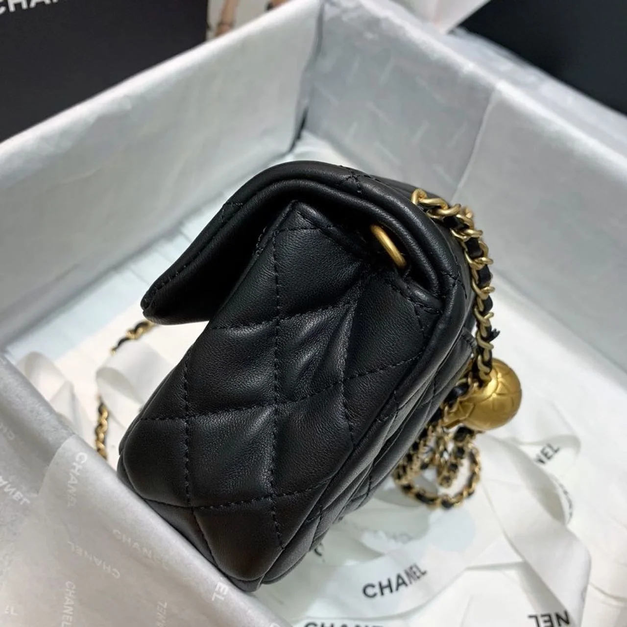 Chanel Flap Bag With CC Ball On Strap Black For Women, Women’s Handbags, Shoulder And Crossbody Bags 7.8in/20cm AS1787