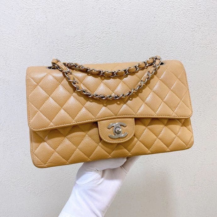 CHANEL Dark Beige Caviar Medium Classic Double Flap Bag