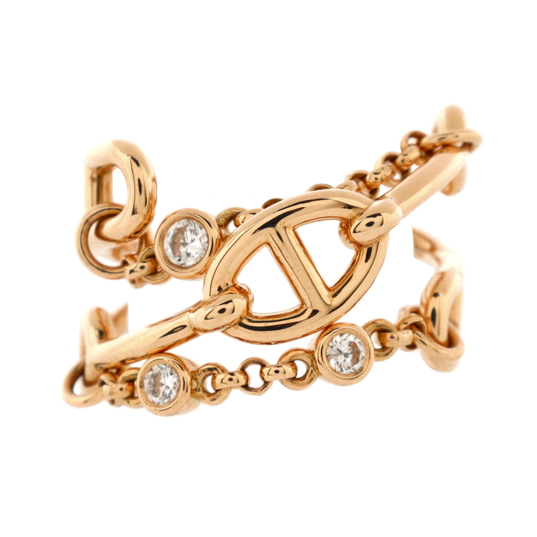 Hermes Chaine d'Ancre Chaos Ring Stainless steel and gold plating Rose Gold with Diamonds Medium