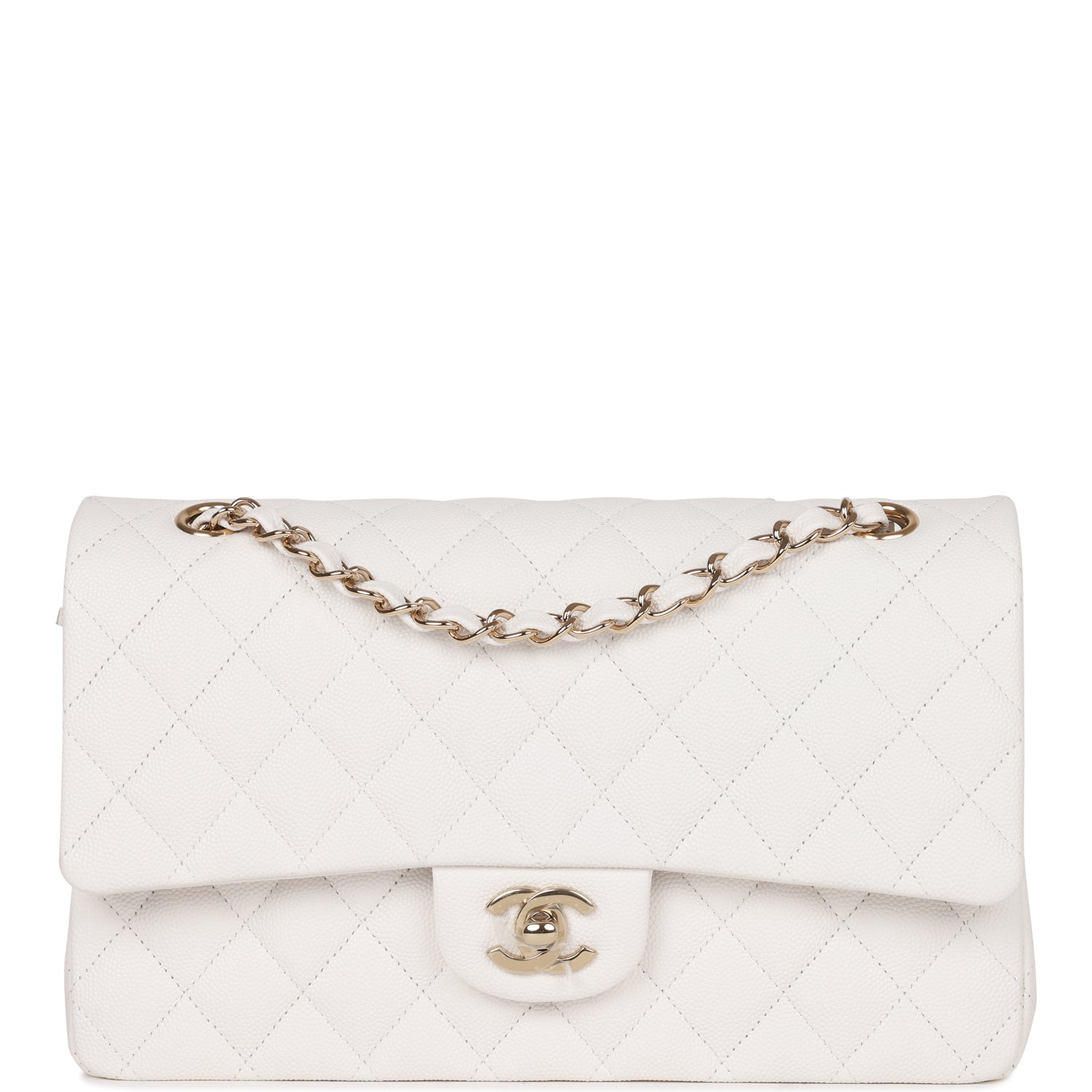 Medium Classic Double Flap Bag White Caviar Light Gold Hardware