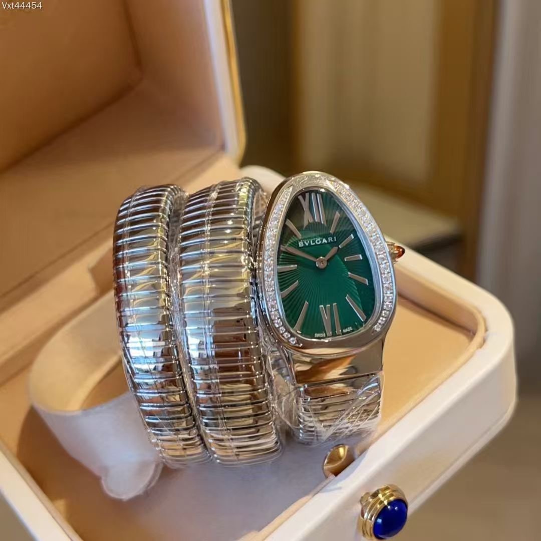 STAINLESS STEEL SERPENTI TUBOGAS 35MM GREEN DIAL DIAMOND LADIES WATCH