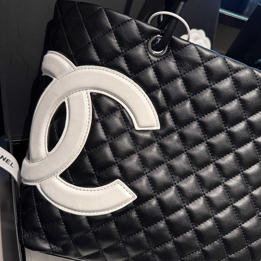 CHANEL Calfskin Quilted Large Cambon Tote Black White