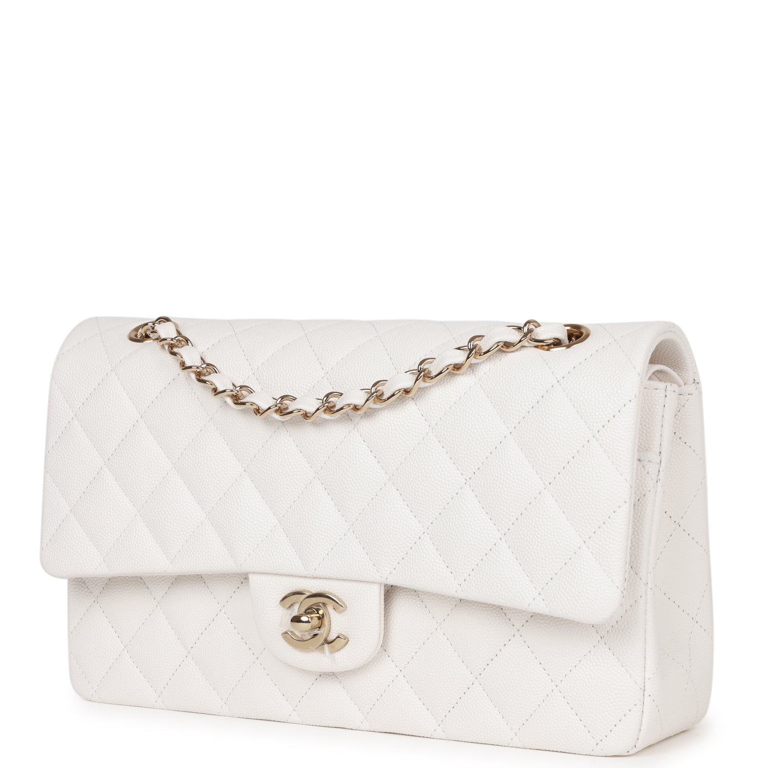 Medium Classic Double Flap Bag White Caviar Light Gold Hardware