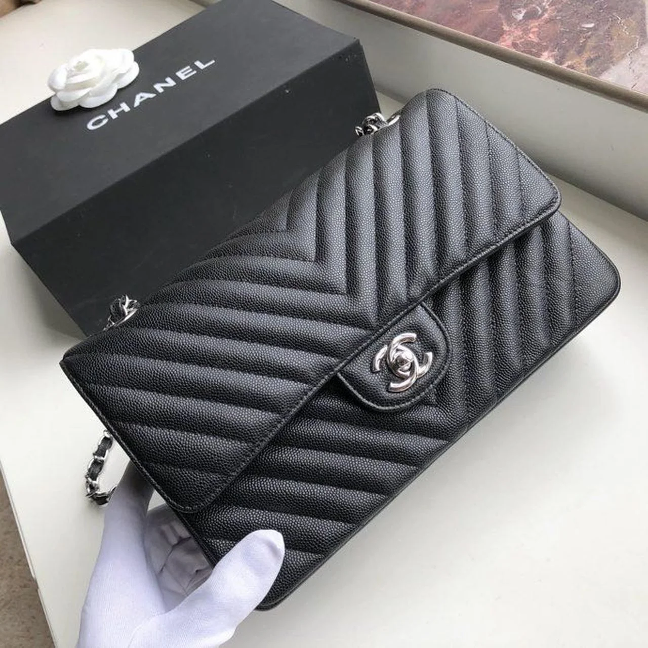 Chanel Chevron Classic Handbag Silver Hardware Black For Women, Women’s Bags, Shoulder And Crossbody Bags 10.2in/26cm