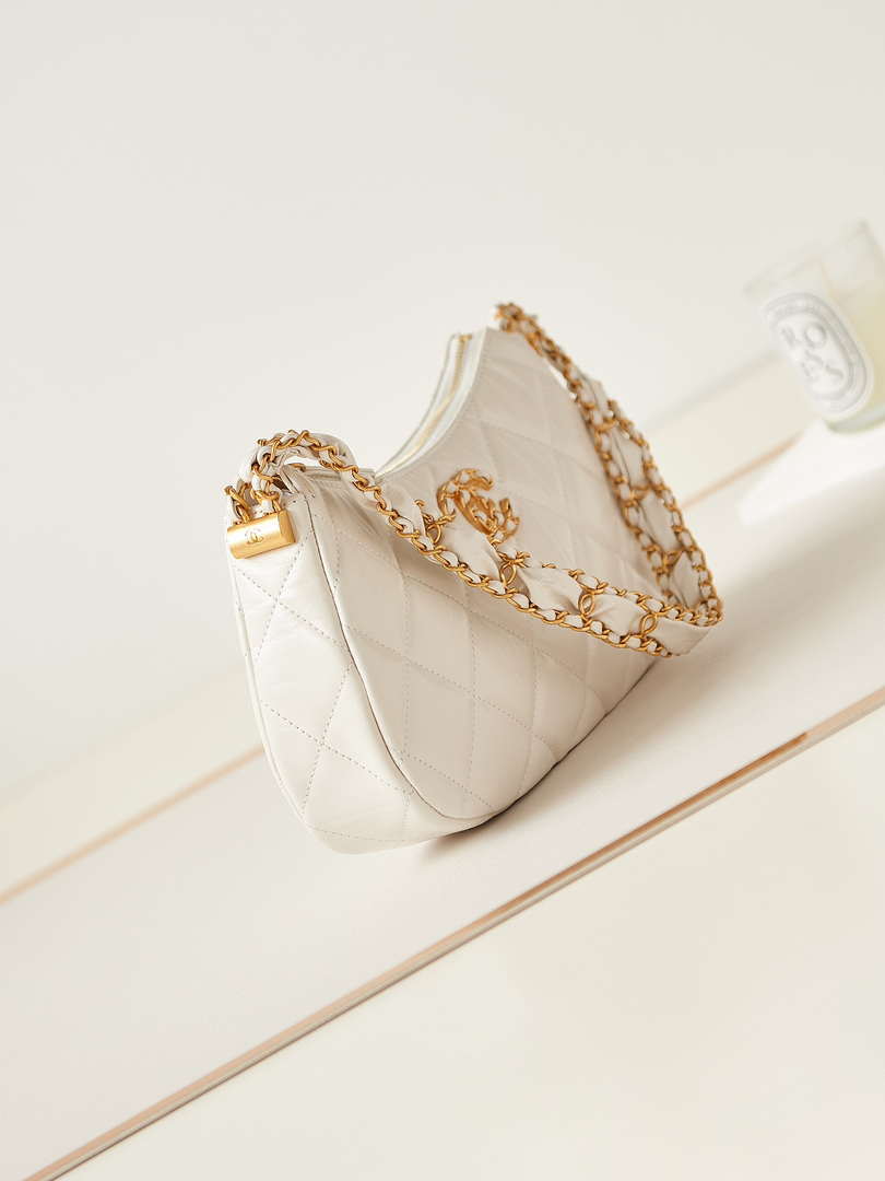 Chanel 19 Hobo Bag White Aged Calfskin Brushed Gold Hardware