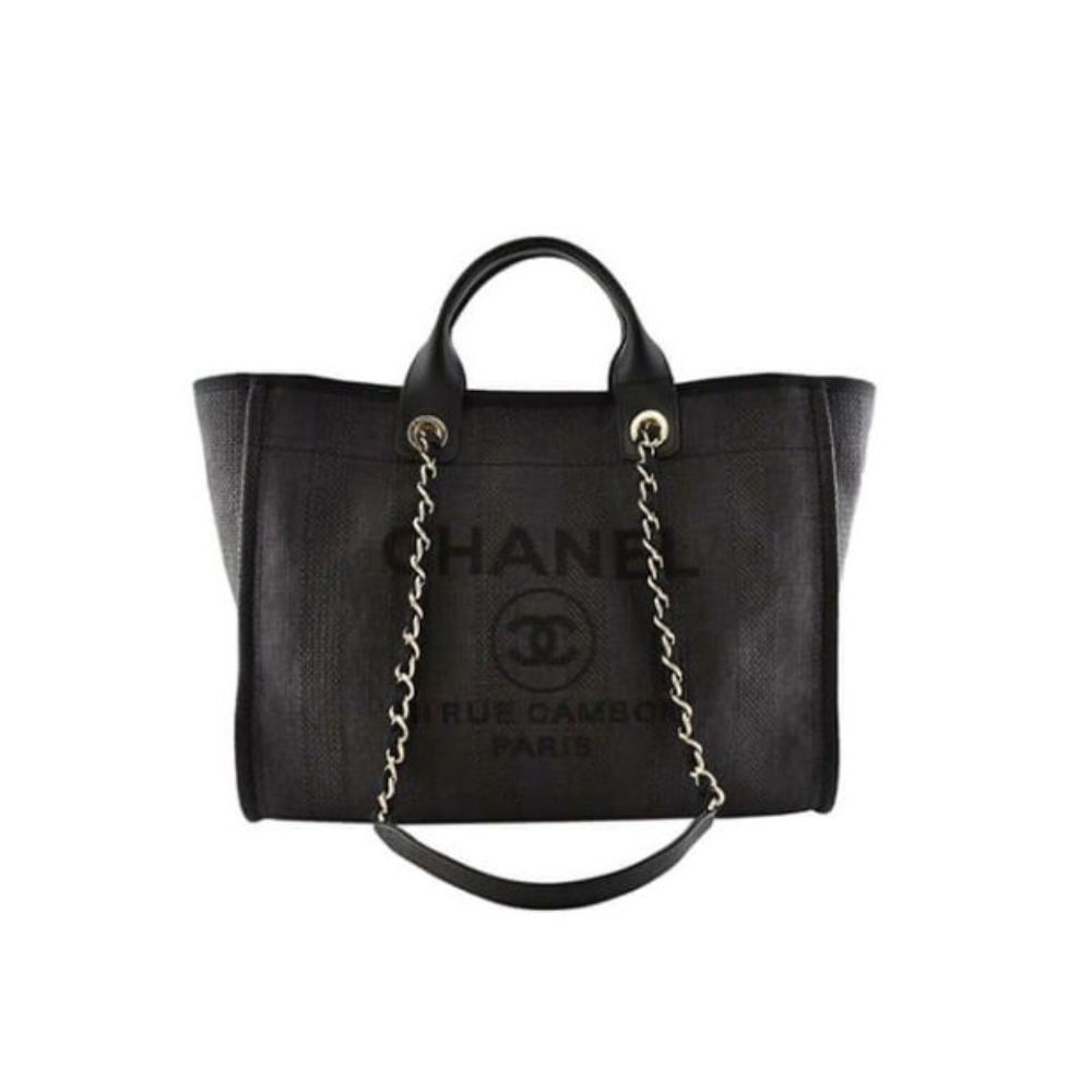 CHANEL Woven Straw Raffia Striped Medium Deauville Tote