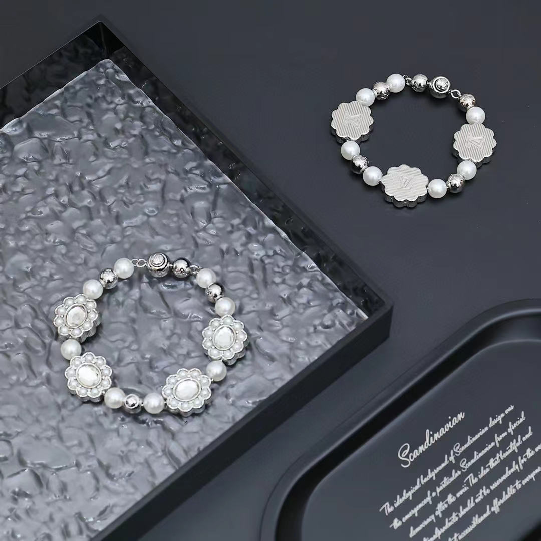 Louis Vuitton Silver Flower Brass Glass Bead Bracelet