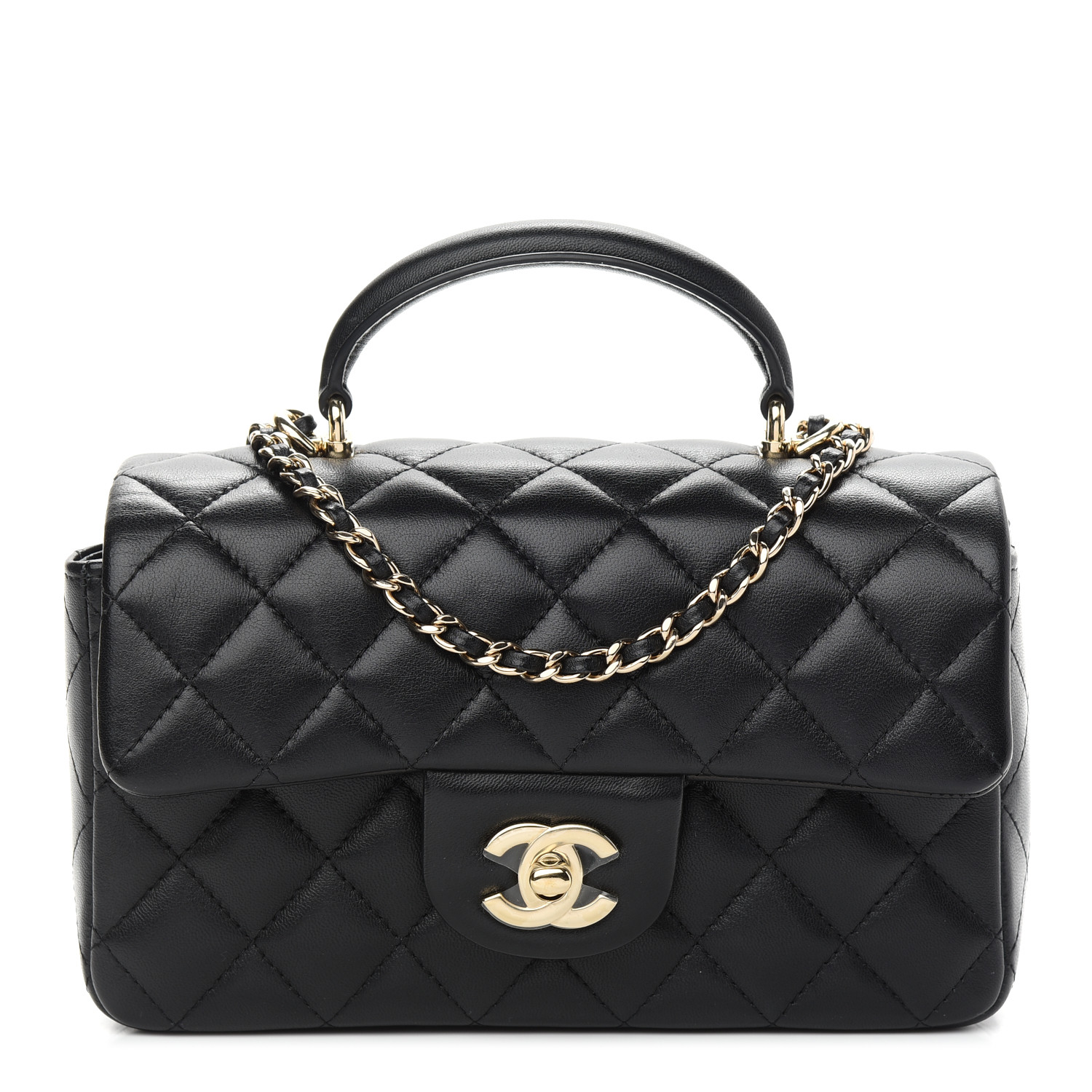 Lambskin Quilted Mini Top Handle Rectangular Flap Black