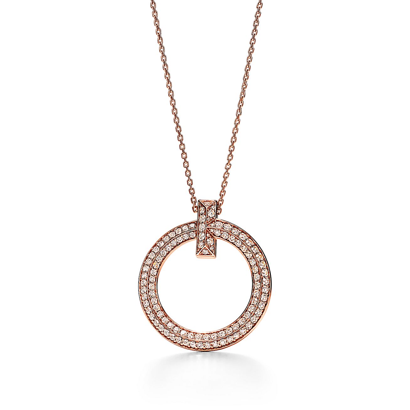 Tiffany & Co. T T1 Circle Pendant in Stainless steel and gold plating Rose Gold with Diamonds, Large