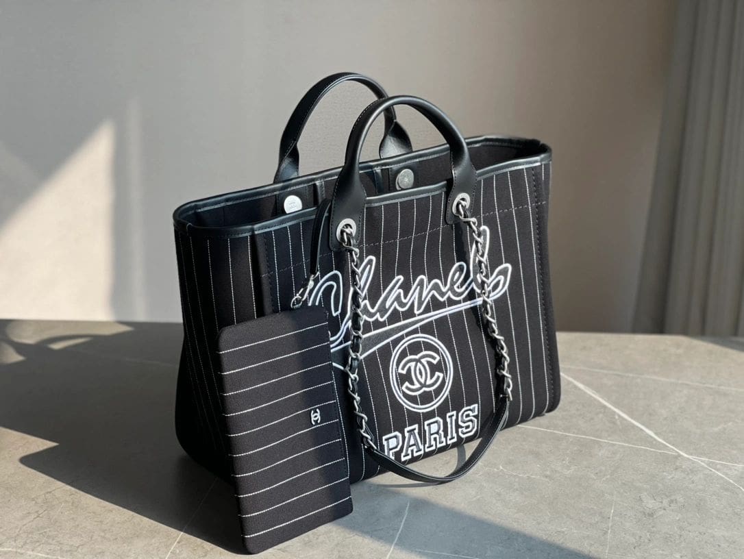 CHANEL Deauville 2wayTote Bag Black A66941 Cotton Leather