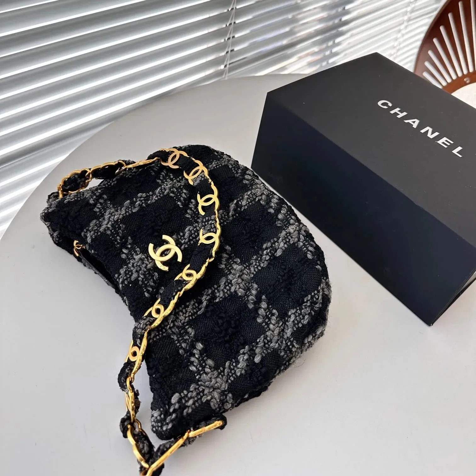CHANEL Cashmere Tweed Quilted Hobo Black Grey