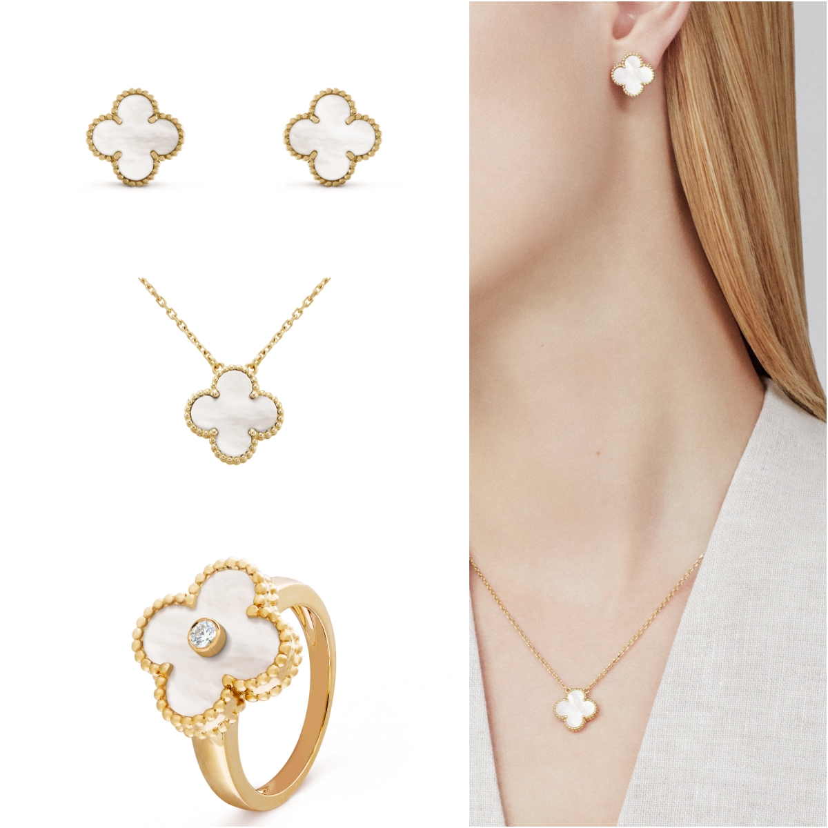 Vintage Alhambra Trio Set in White Gold and White Mother of Pearl