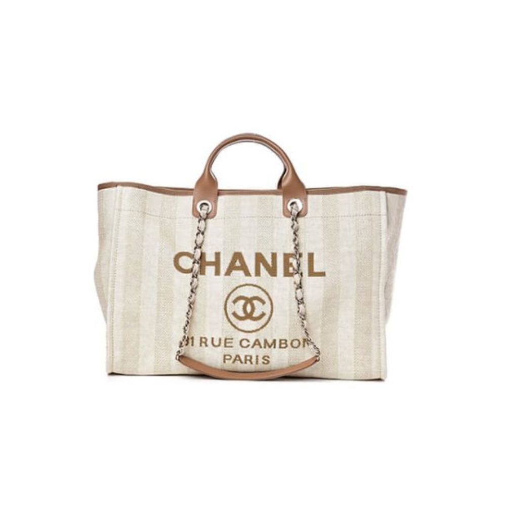 CHANEL Woven Straw Raffia Striped Medium Deauville Tote