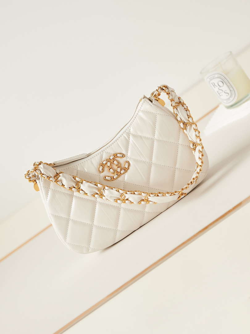 Chanel 19 Hobo Bag White Aged Calfskin Brushed Gold Hardware