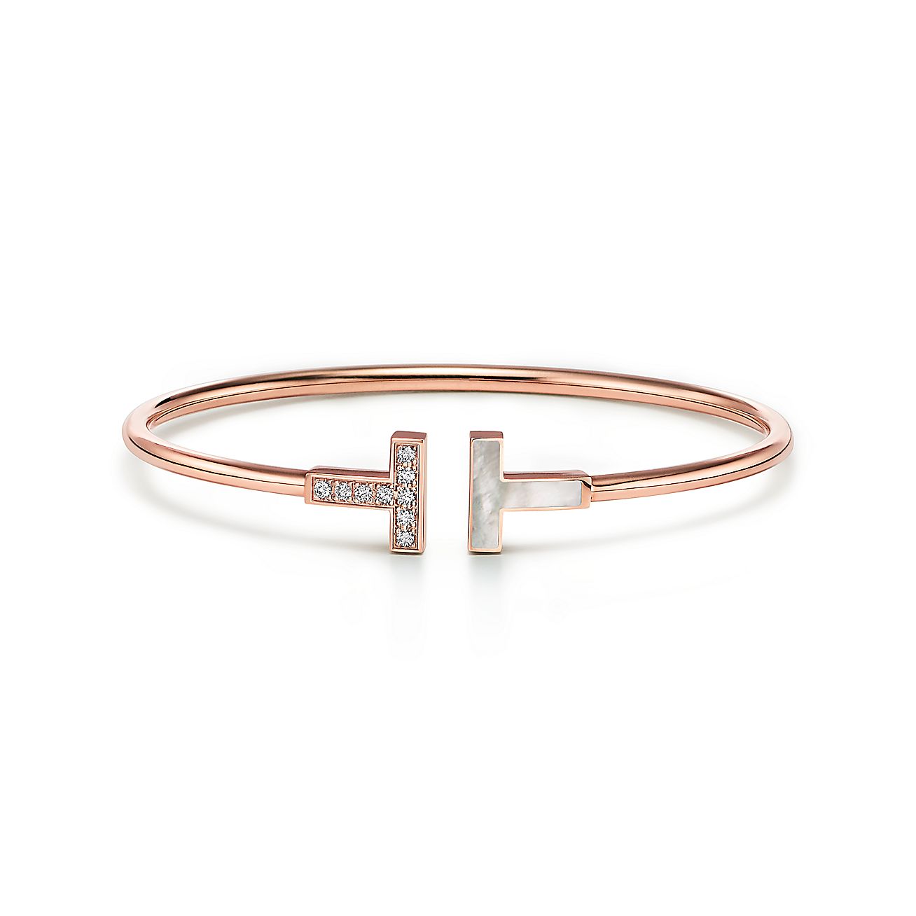 Tiffany & Co. T Wire Bracelet in Rose Gold with Diamonds and Mother-of-pearl