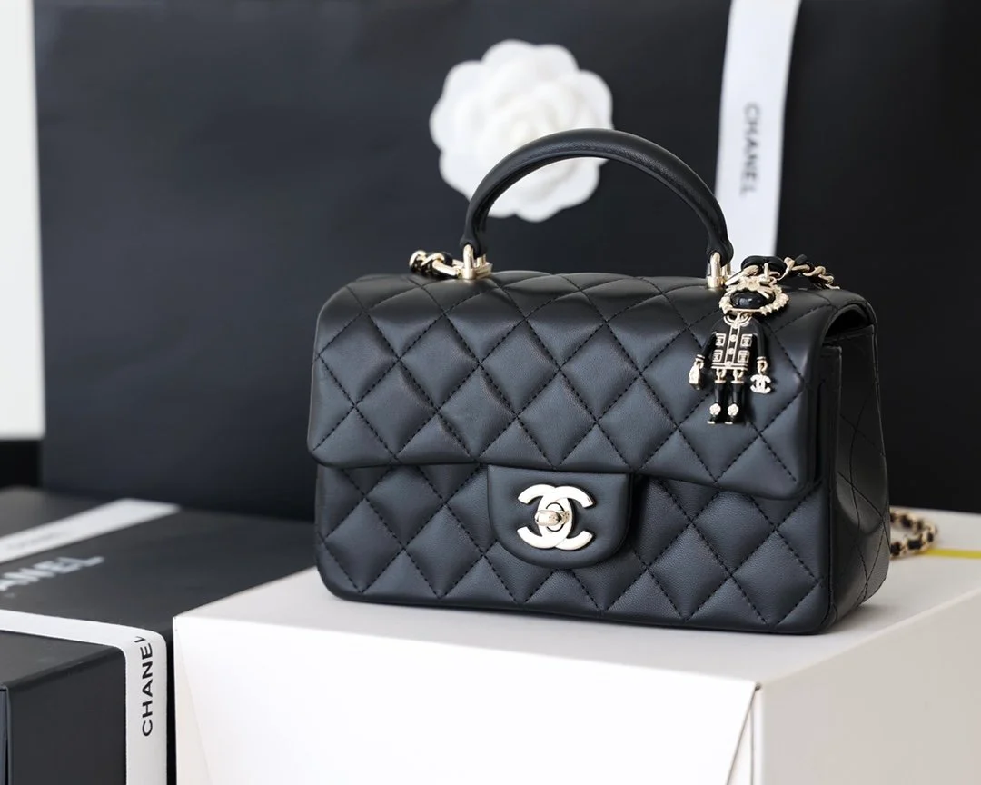 Chanel Mini Flapbag With Top Handle Black For Women 7.8in/20cm