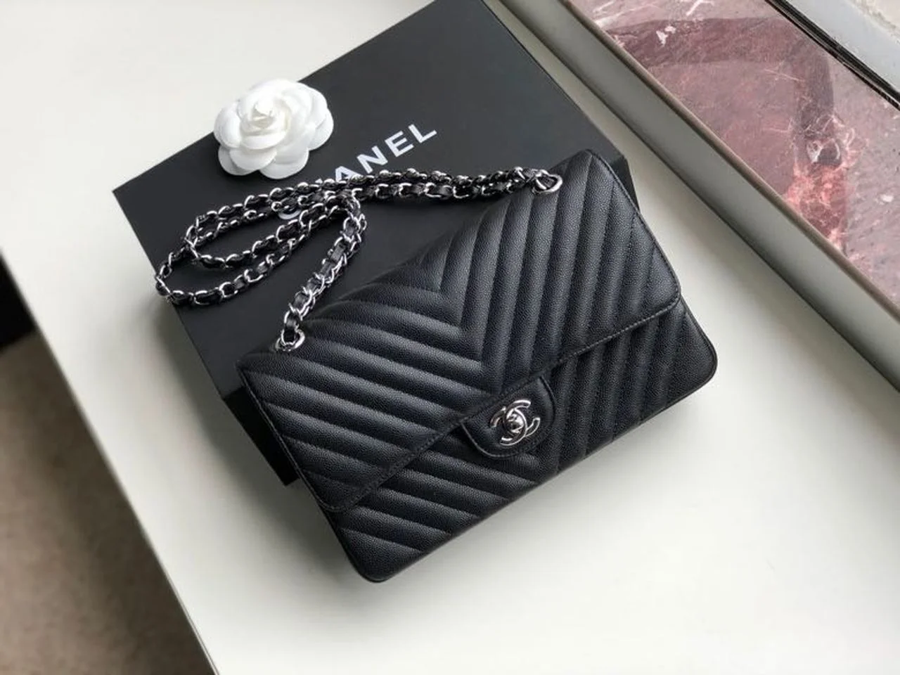 Chanel Chevron Classic Handbag Silver Hardware Black For Women, Women’s Bags, Shoulder And Crossbody Bags 10.2in/26cm