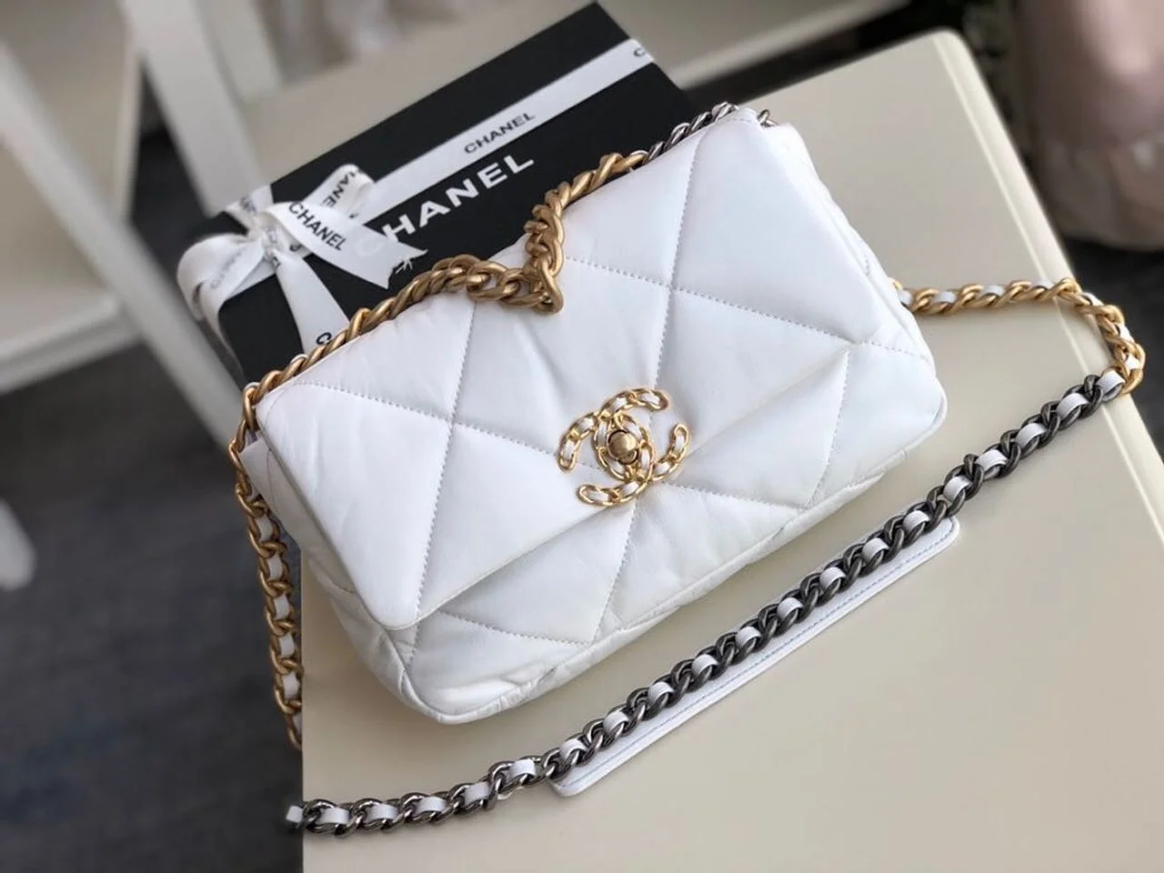 Chanel 19 HandBag White For Women 10.1in/26cm AS1160