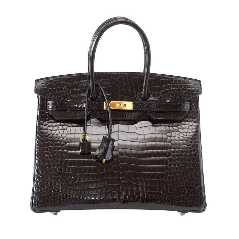 Birkin 35 Black Porosus Crocodile with Gold Hardware