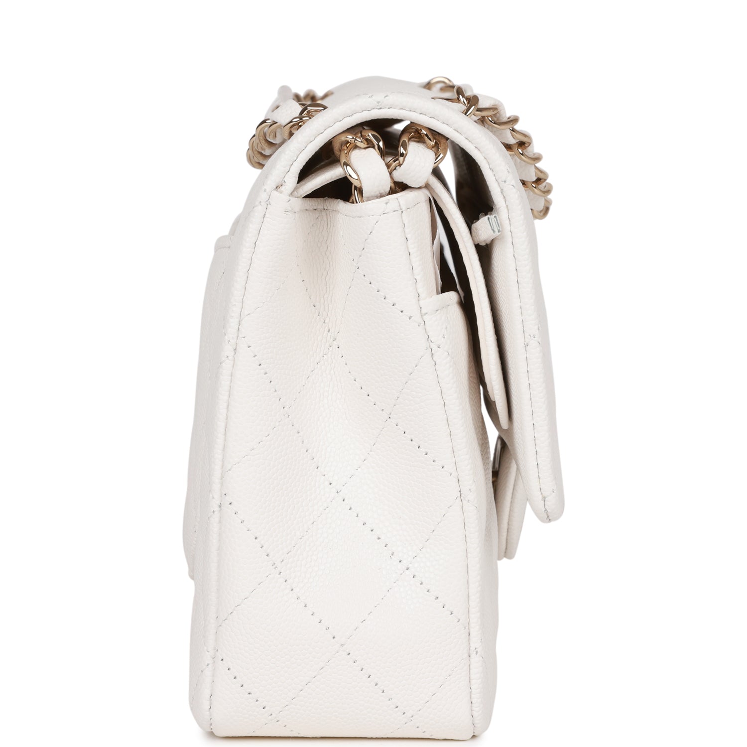 Medium Classic Double Flap Bag White Caviar Light Gold Hardware