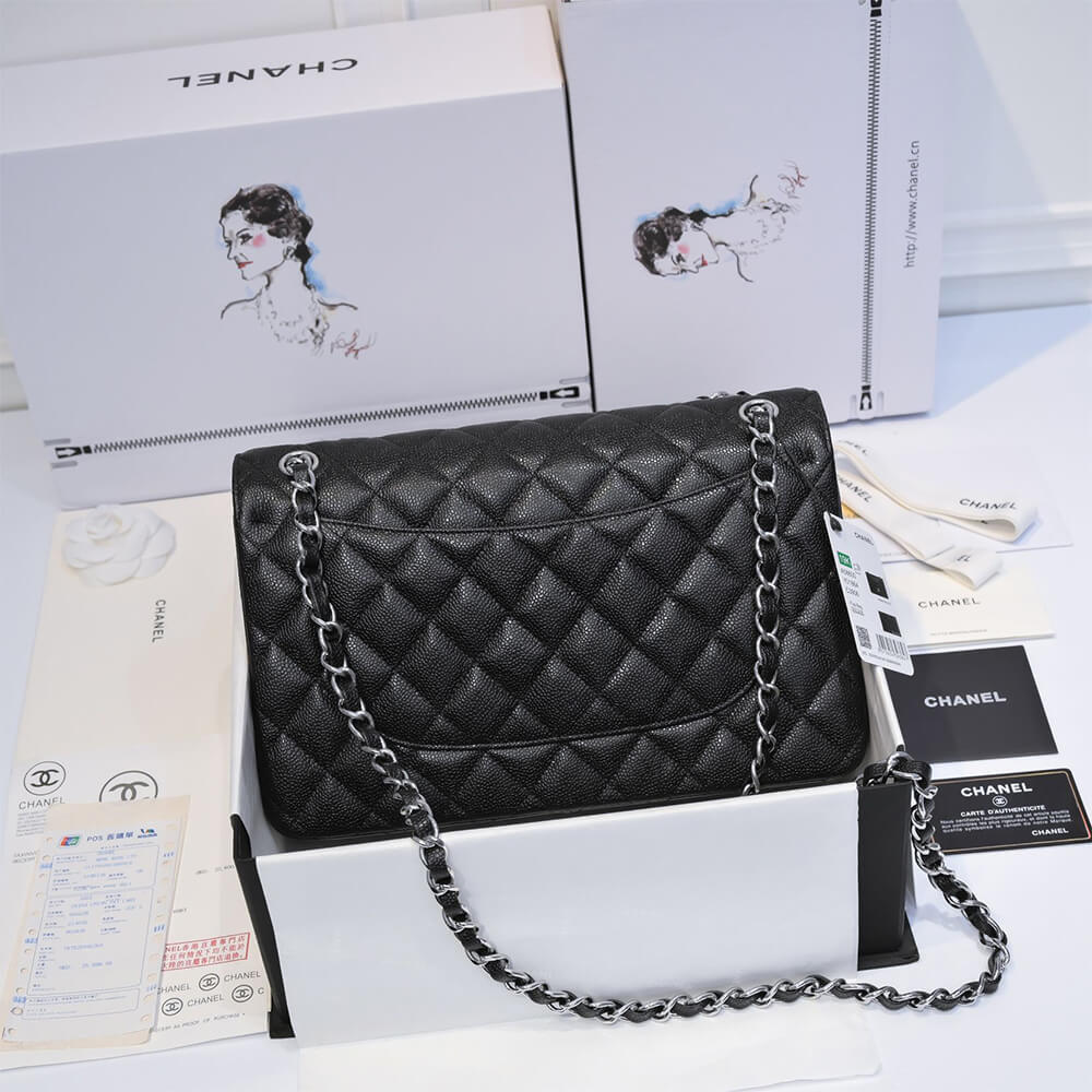 Chanel Large Classic Handbag Grained Calfskin & Silver Metal A58600