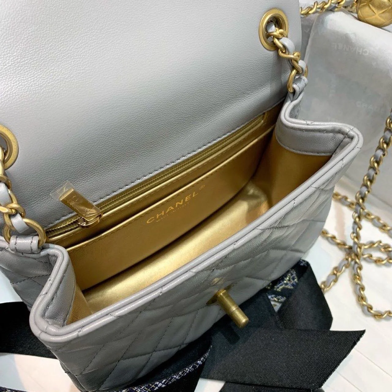 Chanel Classic Flap With Charm Chain With CC Details On Strap Bag 17cm/7inch Gold Hardware Grey