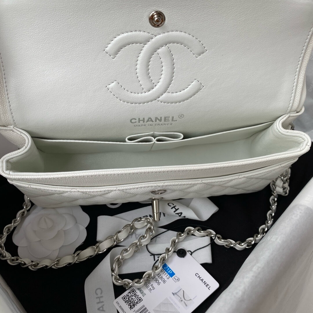 CHANEL SMALL CLASSIC FLAP HANDBAG SILVER METAL