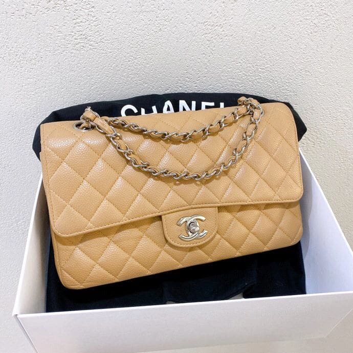 CHANEL Dark Beige Caviar Medium Classic Double Flap Bag