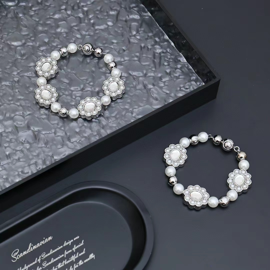 Louis Vuitton Silver Flower Brass Glass Bead Bracelet