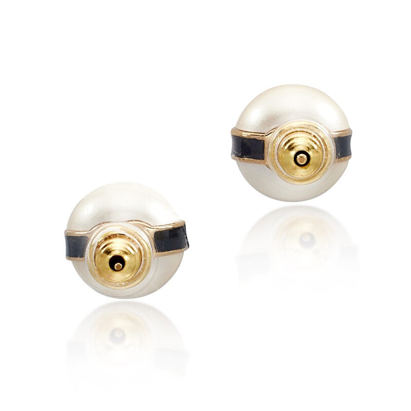 Black Lucite, Imitation Pearl and Gold Metal CC Earrings
