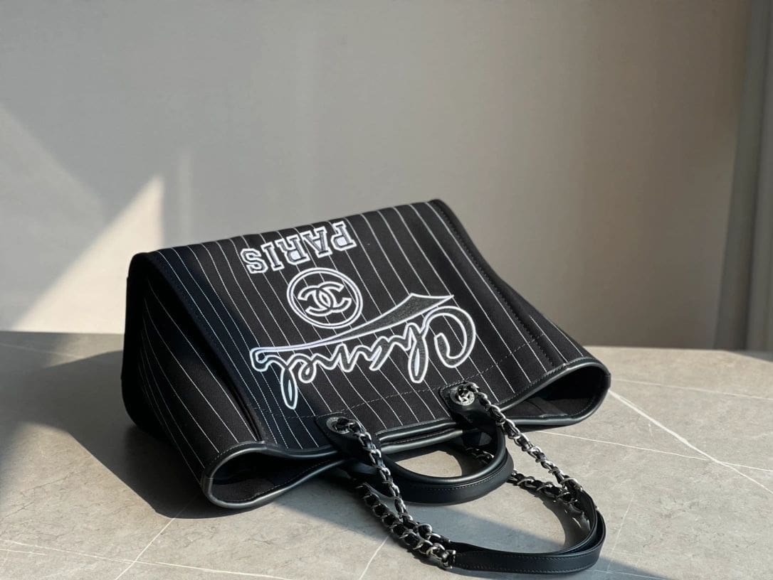 CHANEL Deauville 2wayTote Bag Black A66941 Cotton Leather