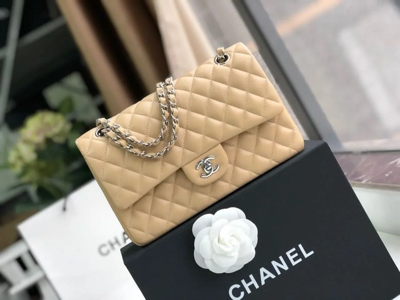 Chanel Classic Handbag Silver Hardware BeigeFor Women, Women’s Bags, Shoulder And Crossbody Bags 10.2in/26cm A01112