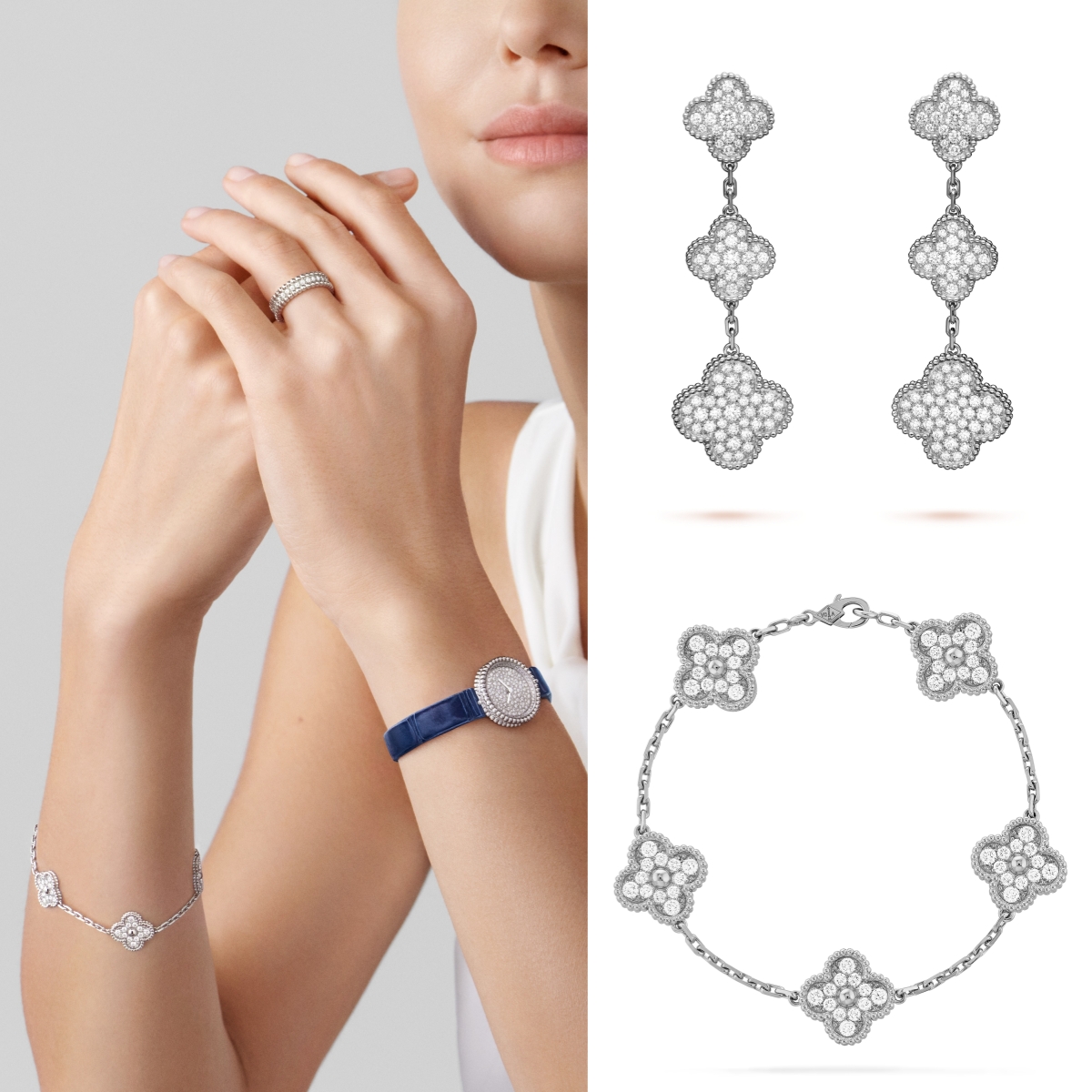 Magic Alhambra and Vintage Alhambra Set: Earrings and Bracelet with 3 and 5 Charms