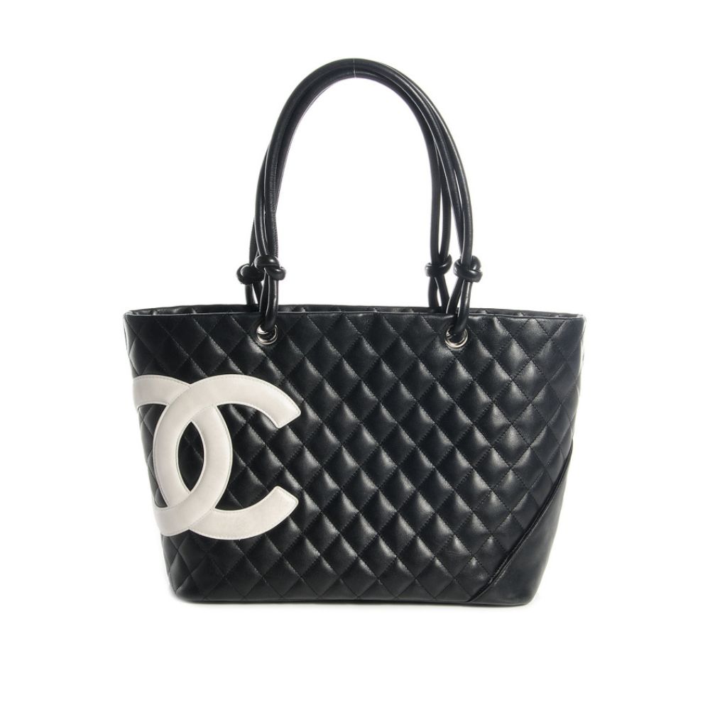 CHANEL Calfskin Quilted Large Cambon Tote Black White