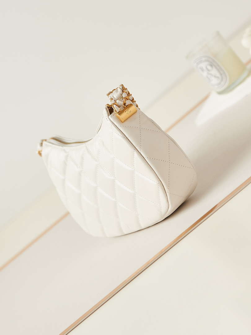 Chanel 19 Hobo Bag White Aged Calfskin Brushed Gold Hardware
