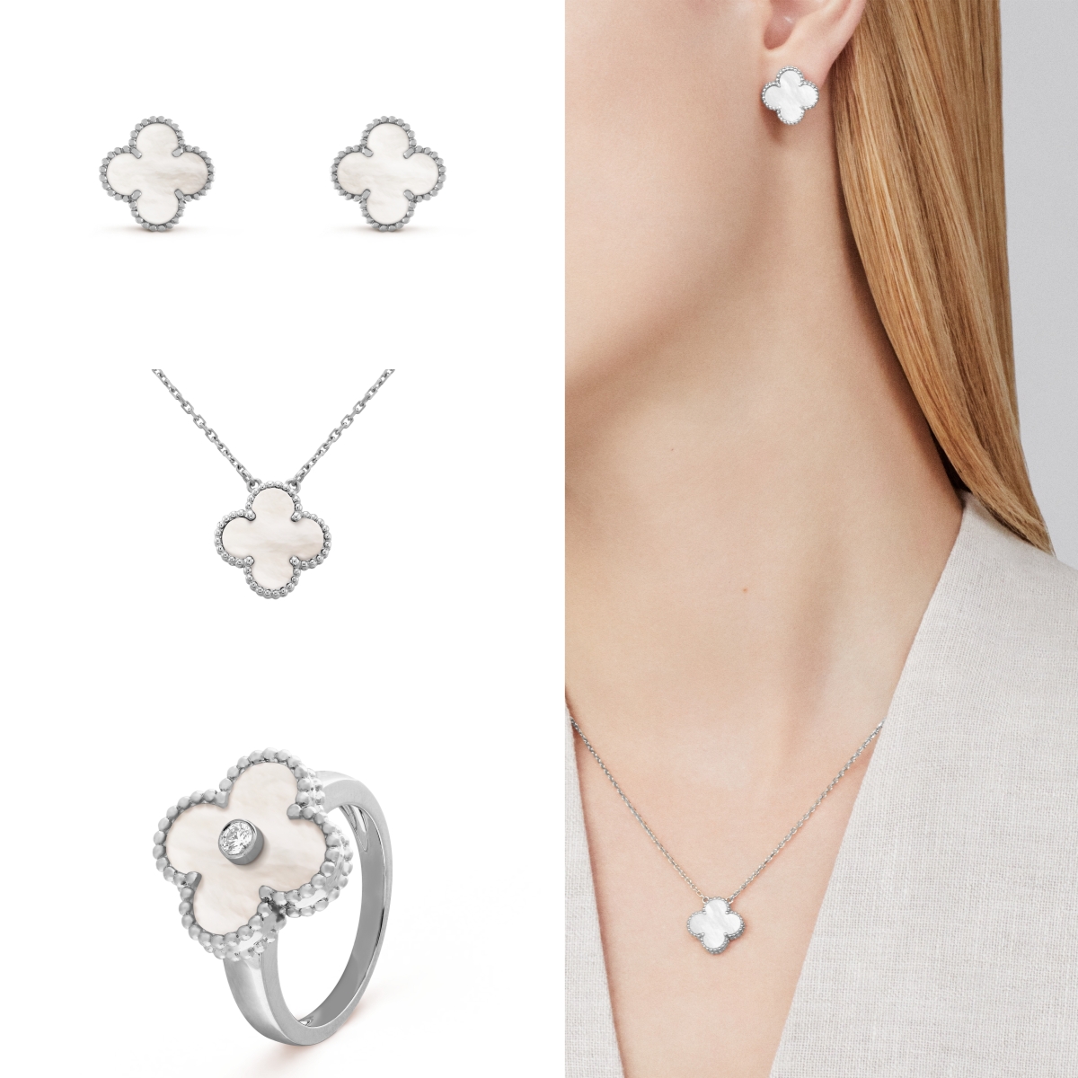 Vintage Alhambra Trio Set in White Gold and White Mother of Pearl