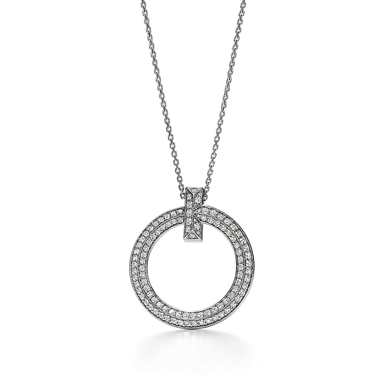 Tiffany & Co. T T1 Circle Pendant in Stainless steel and gold plating White Gold with Diamonds, Large